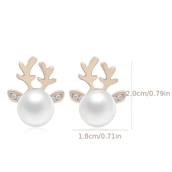REINDEER‎ ANTLERS Christmas Pearl & Rhinestone Silver Tone Holiday Earrings NEW - Picture 7 of 8